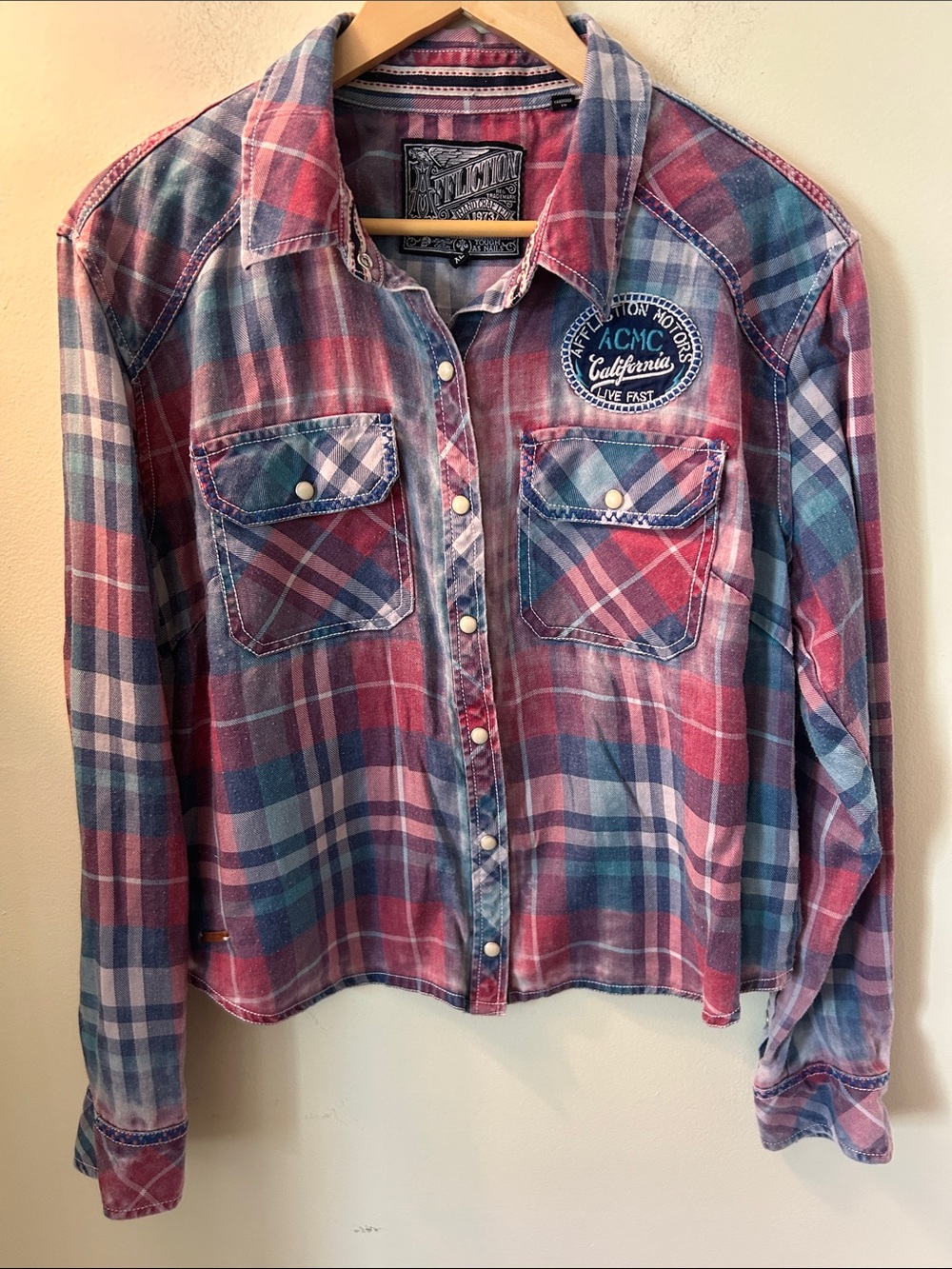 Affliction ACMC California Affliction Motors Plaid Button-Up Shirt Size XL